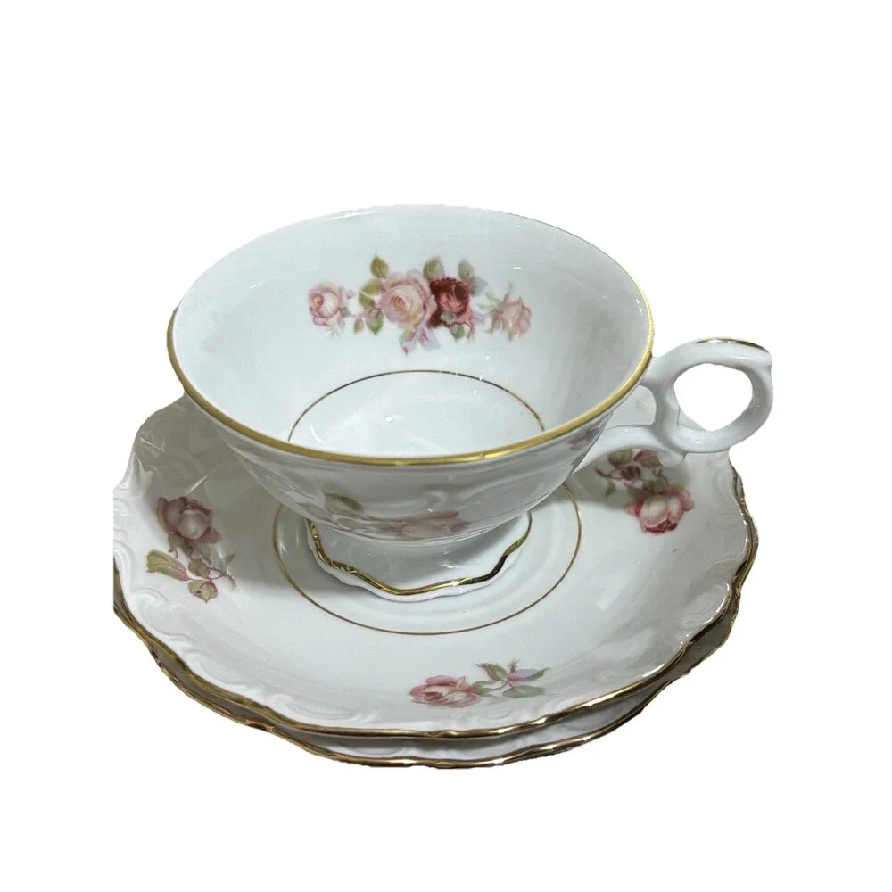 Schumann Bavaria Antique Rose Trio Tea Cup Saucer 6” Butter Plate Germany